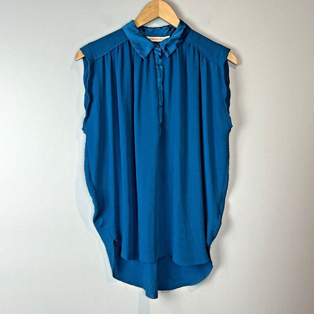 Rebecca Taylor Sleeveless Blue Blouse Size 0 Snap Front Hi-Lo Raw Edge‎ Hem
